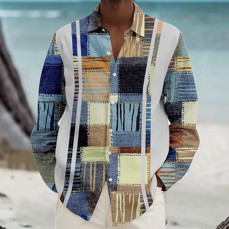 Men's Geometric Pattern Geometic Beach Shirt Button Up Shirt Long Sleeve Hawaiian Casual Vacation Daily Fall Winter Spring & Summer Collared Shirts 3D Print Red Navy Blue Blue2