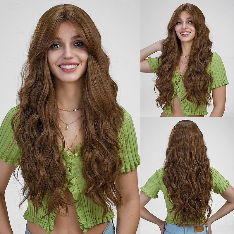 Synthetic Wig Uniforms Career Costumes Princess Curly Wavy Middle Part Layered Haircut With Bangs Machine Made Wig 26 inch Dark Brown Synthetic Hair Women's Cosplay Party Fashion Dark Brown