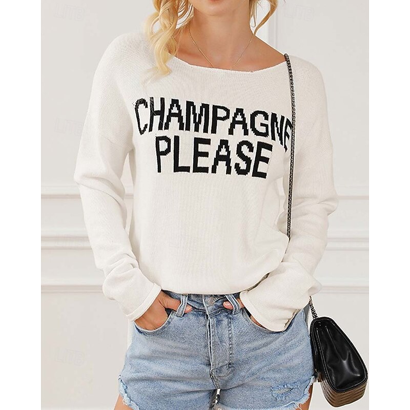 Women's Logo Sweater Crew Neck Knit Knitted Fall Winter Streetwear Work Going out Casual Long Sleeve Print White Brown2