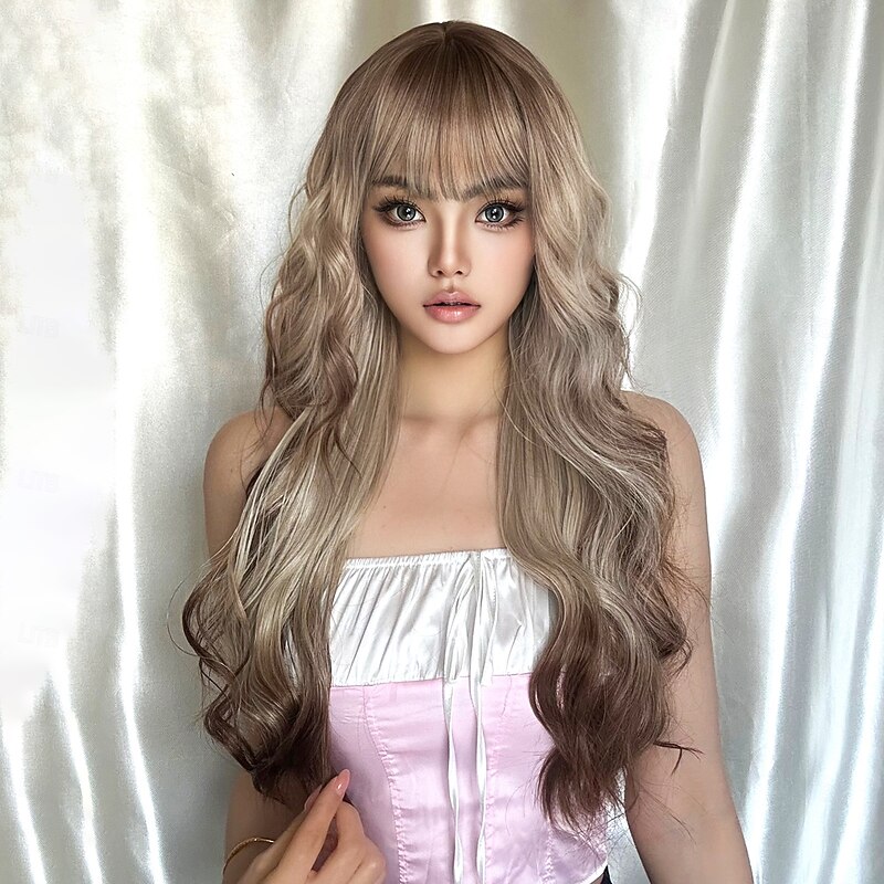 Synthetic Wig Uniforms Career Costumes Princess Curly Wavy Middle Part Layered Haircut With Bangs Machine Made Wig 28 inch Rose Gold Synthetic Hair Women's Cosplay Party Fashion Black / Blonde2