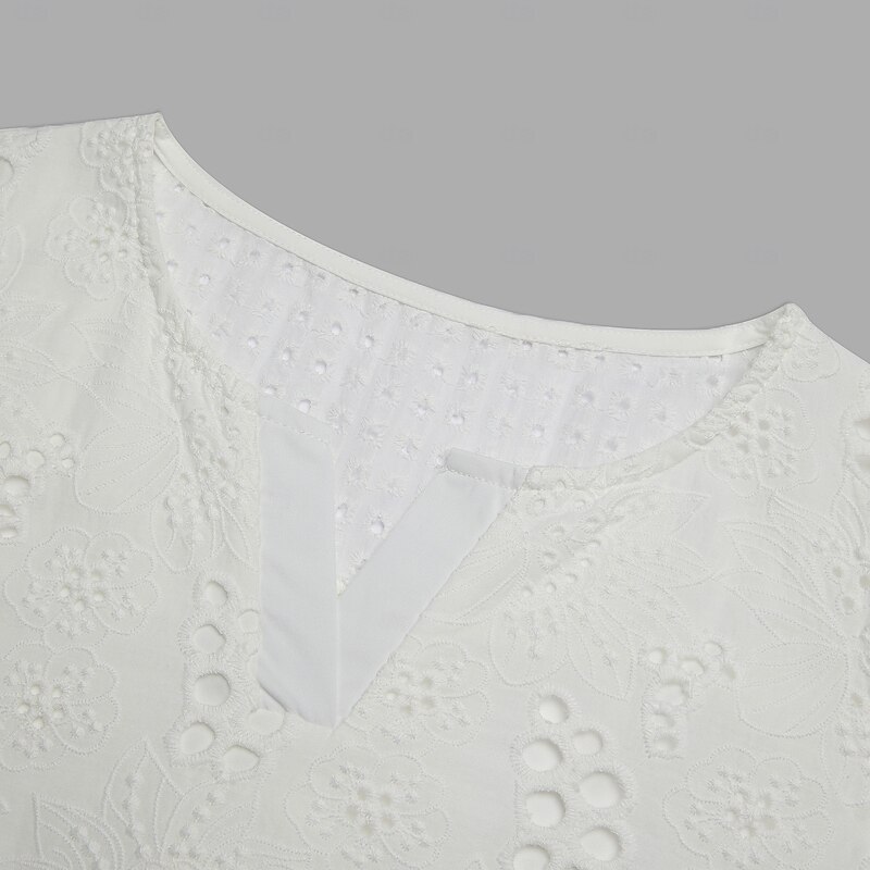 Women's Shirt Blouse Dressy Tops Solid Color Plain Stylish Basic Long Sleeve Notched Neck Regular Tops Daily Embroidered Eyelet Black White Orange Summer Spring Fall4