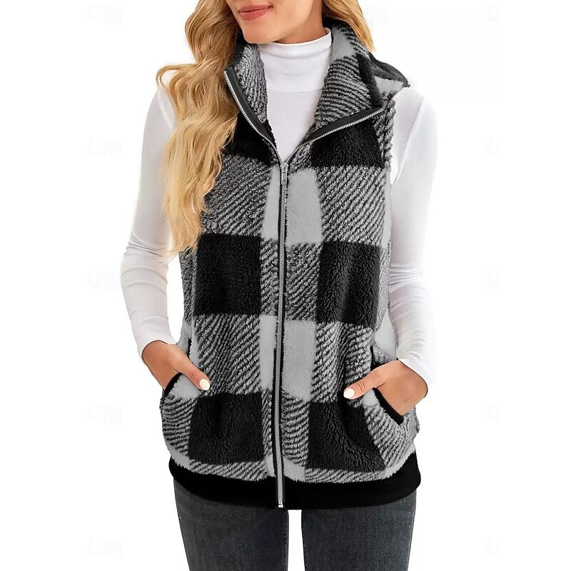 Women's Fleece Jacket Fleece Vest Teddy Coat Warm Breathable Zipper Pocket Fleece Lined Casual Plaid Vacation Street Daily Wear Going out Zipper Regular Stand Collar Regular Fit Sleeveless Outerwear