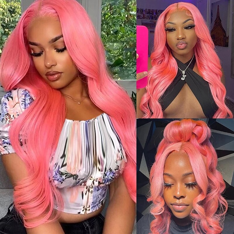 Remy Human Hair 13x4 Lace Front Wig Free Part Peruvian Hair Body Wave Pink Wig 150% Density with Baby Hair Glueless Pre-Plucked For wigs for black women Long Human Hair Lace Wig2
