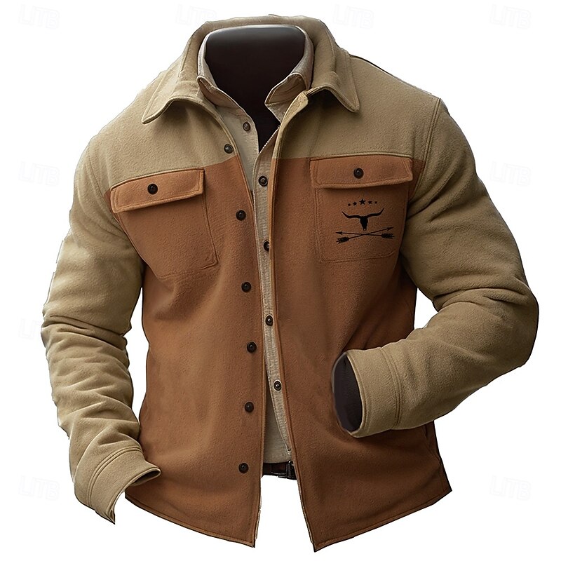 Men's Cowboy Shirt Jacket Overshirt Long Sleeve Vintage Casual Daily Wear Going out Fall & Winter Turndown Buttons 3D Print 2 Pockets 1pc Black Blue Khaki