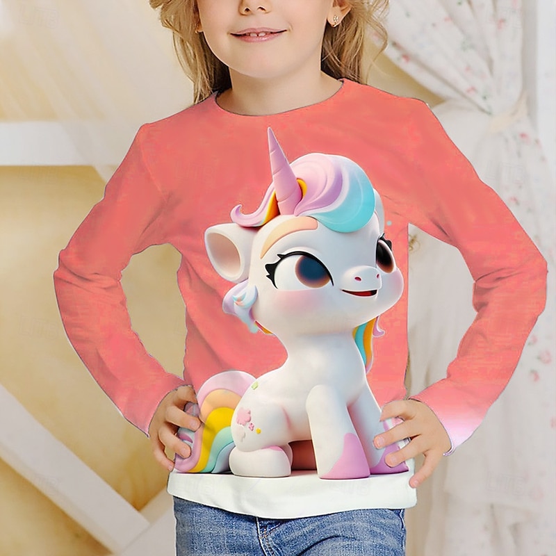 Girls' 3D Graphic Unicorn T shirt Tee Long Sleeve Spring Fall Fashion Basic Kids 4-12 Years Crew Neck Outdoor Casual Daily Regular Fit3