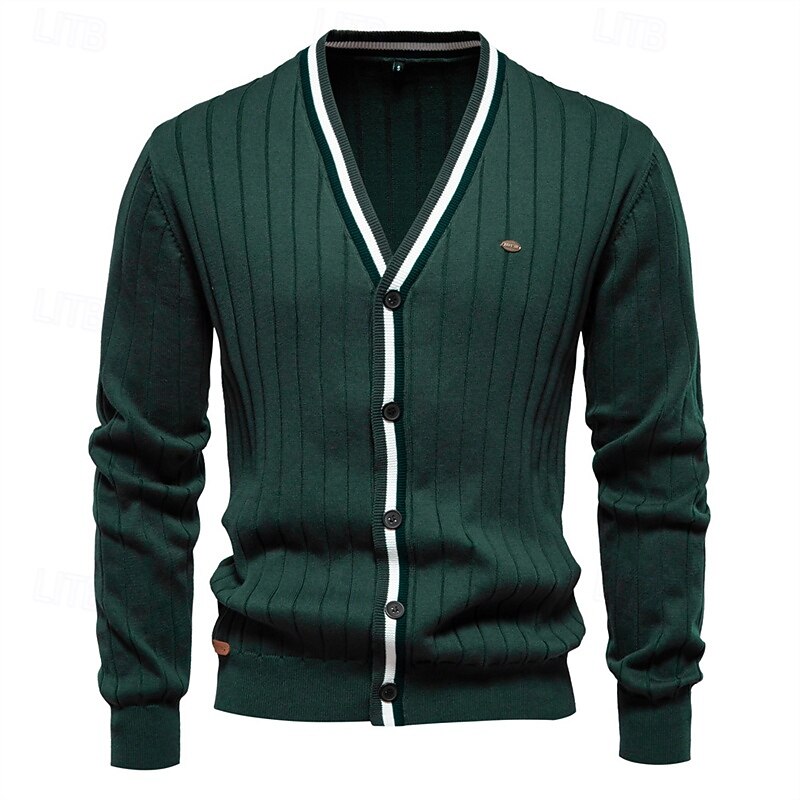 Men's Cardigan Sweater Cropped  Sweater Knit Sweater Ribbed Knit Regular Tops Patchwork Button-Down Color Block V Neck Fashion Classic Vacation Daily Wear Clothing Apparel Fall & Winter Black Navy