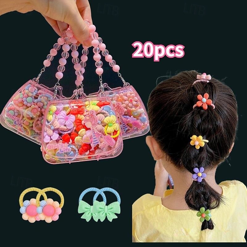 20pcs Cute Cartoon Flower & Bow Hair Ties Set for Girls - Colorful Elastic Ponytail Holders with Faux Pearl Storage Box, Assorted Colors3