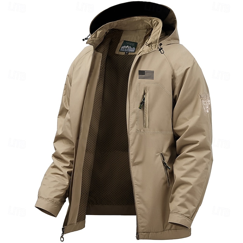 Men's American US Flag Jacket Raincoat Shell Jacket Waterproof Lightweight Casual Sports Outdoor Camping & Hiking Embroidered Side Pockets Zip Front Fall Winter Hooded Long Sleeve Green khaki Dark4