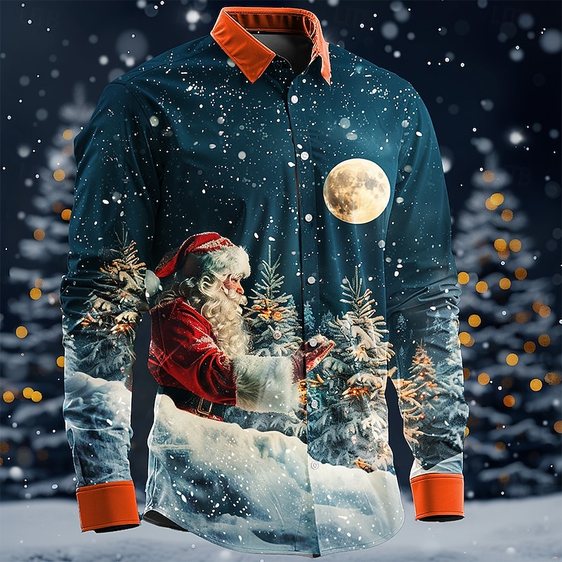 Christmas Men's Santa Claus Shirt Button Up Shirt Long Sleeve Casual Business Casual Party Evening Wear Daily Fall Winter Spring & Summer Shirt Collar Button Up 3D Print Blue Ink Blue Dark Blue