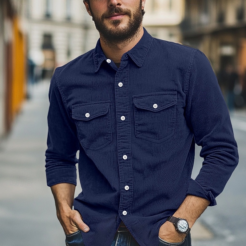 Men's Shirt Summer Shirt Button Up Shirt Corduroy Shirt Black White Navy Blue Long Sleeve Plain Turndown Casual Daily Button-Down Clothing Apparel Fashion Streetwear Classic