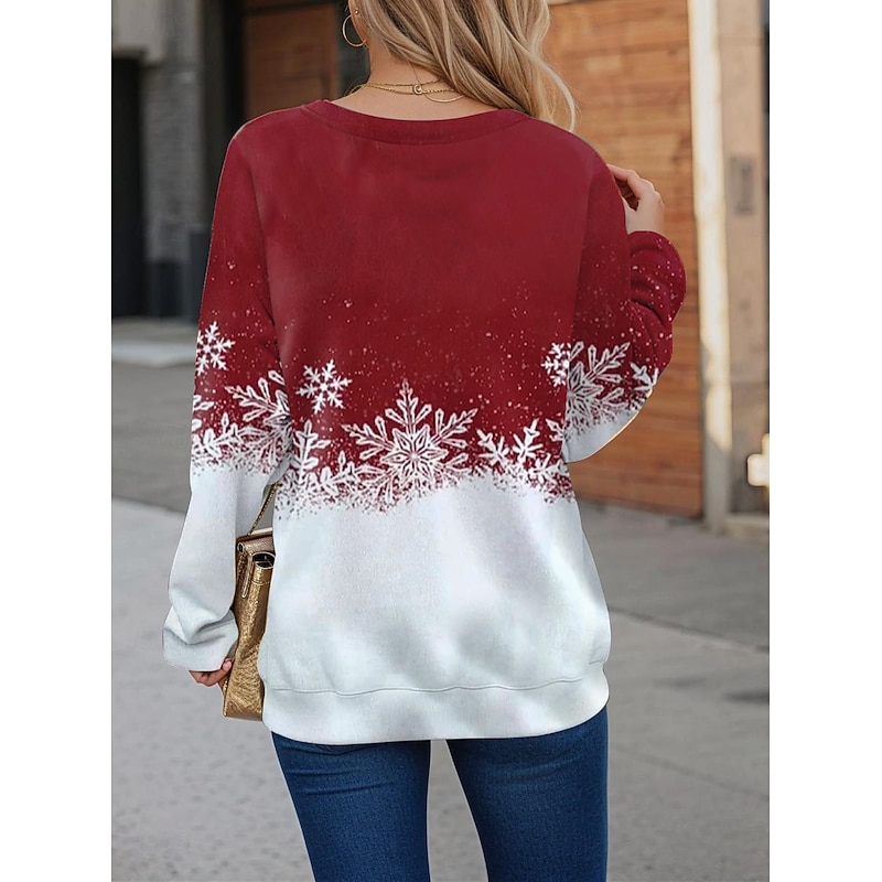 Women's Hoodies SweatshirtsWinter Pullover Snowflake Print Festive Red White Gradient Long Sleeve Zip Neck Casual Holiday Sweater Top Available in Standard to Plus Size3