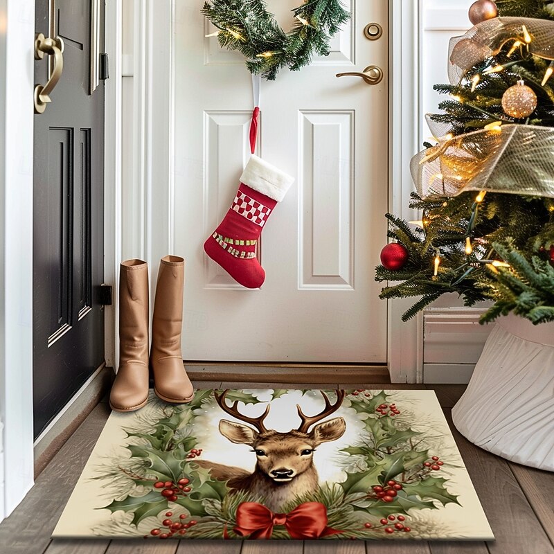 Christmas Decoration Doormat Xmas Reindeer Holly Kitchen Mat Floor Mat Non-Slip Area Rug Oil Proof Rug Indoor Outdoor Mat Bedroom Decor Bathroom Mat Entrance Rug