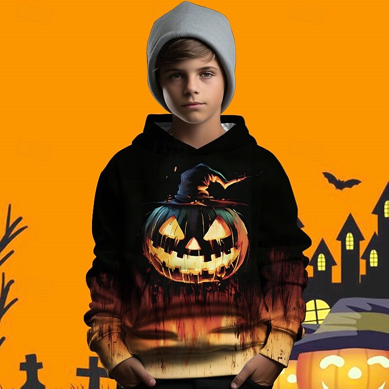 Halloween Boys 3D Graphic Pumpkin Hoodie Long Sleeve Spring Fall Fashion Streetwear Polyester Kids 4-12 Years Hooded Outdoor Casual Daily Regular Fit2