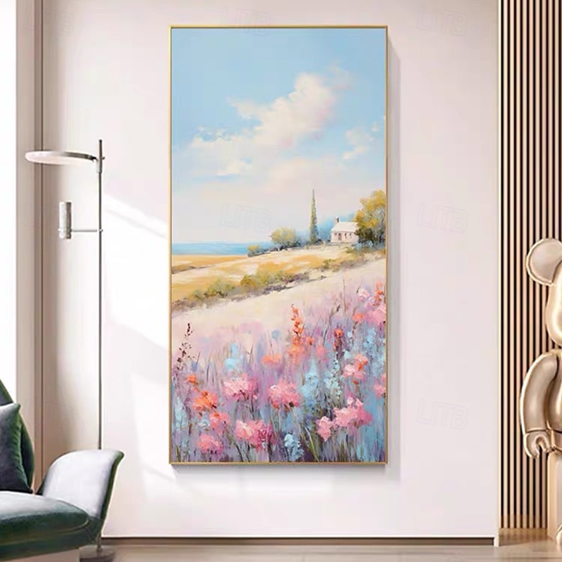 Large Hand Painted Oil Painting Colorful Flower Sunset Glow Landscape Wall Art Mountain Living Room Wall Art Home Decor No Frame