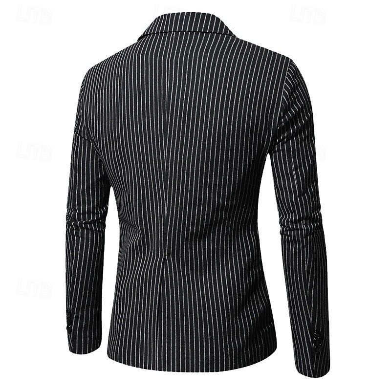 Men's Blazer Jacket Formal Outdoor Casual Lined Classic & Timeless Chic & Modern All Seasons Polyester Cotton Blend Vertical Stripes Modern Style Single Breasted One-button Blazer Black3