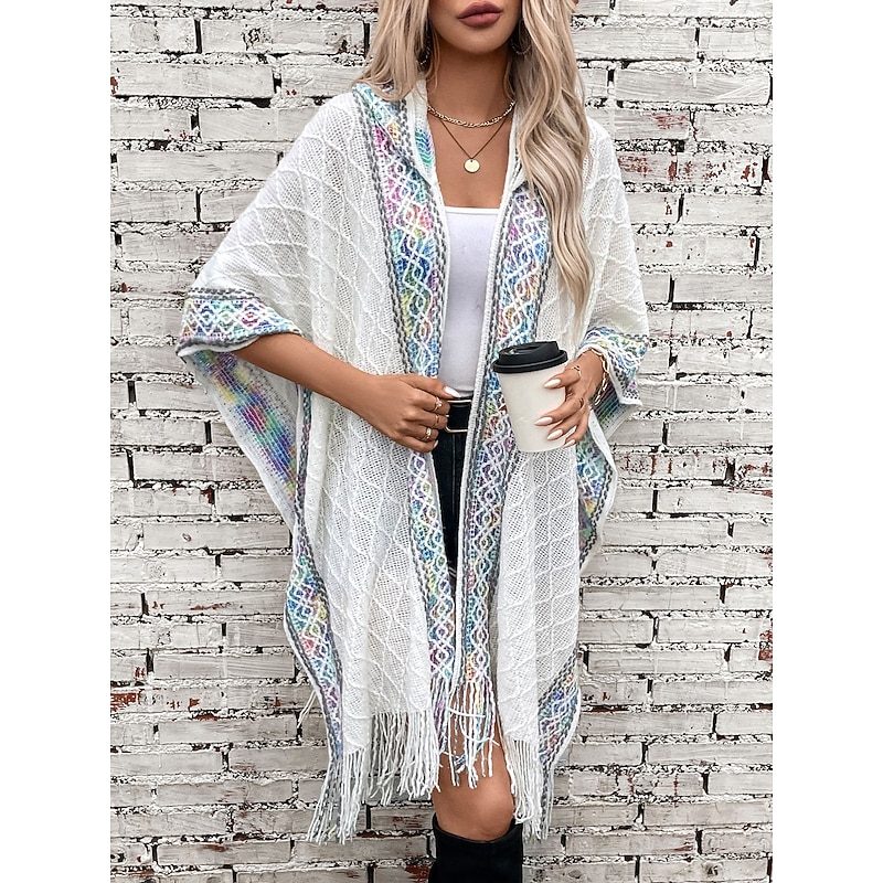 Women's Cape Fashion Daily Casual Graphic Hooded Tassel Sleeveless Long Tops Knit Formal Outdoor Weekend Black White Fall Winter