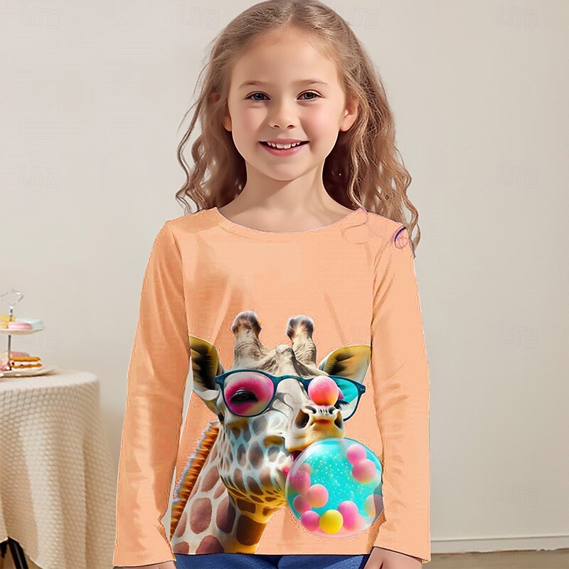 Girls' 3D Graphic Animal Giraffe T shirt Tee Long Sleeve Spring Fall Fashion Basic Kids 4-12 Years Crew Neck Outdoor Casual Daily Regular Fit4