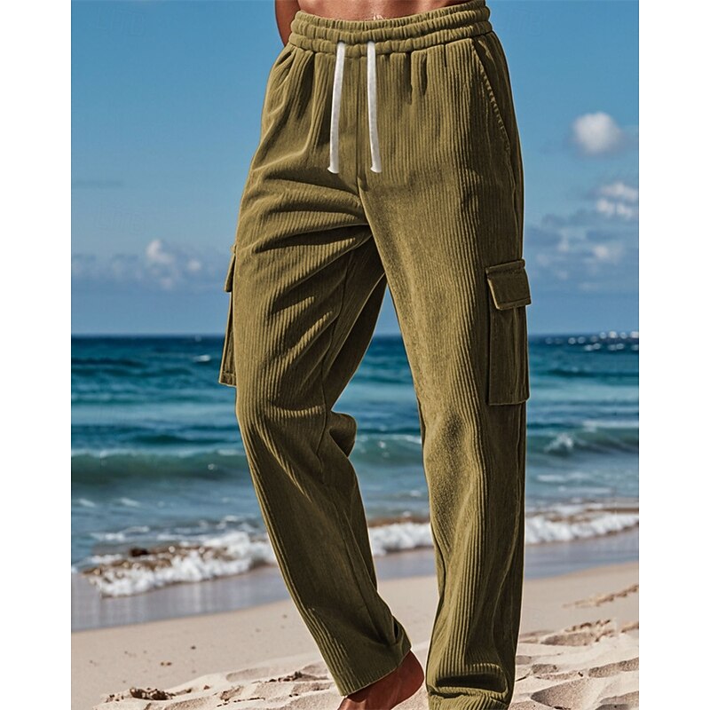 Men's Cargo Pants Corduroy Pants Trousers Cargo Sweatpants Elastic Waist Drawstring Multi Pocket Plain Wearable Outdoor Daily Camping & Hiking Fashion Classic Black Khaki