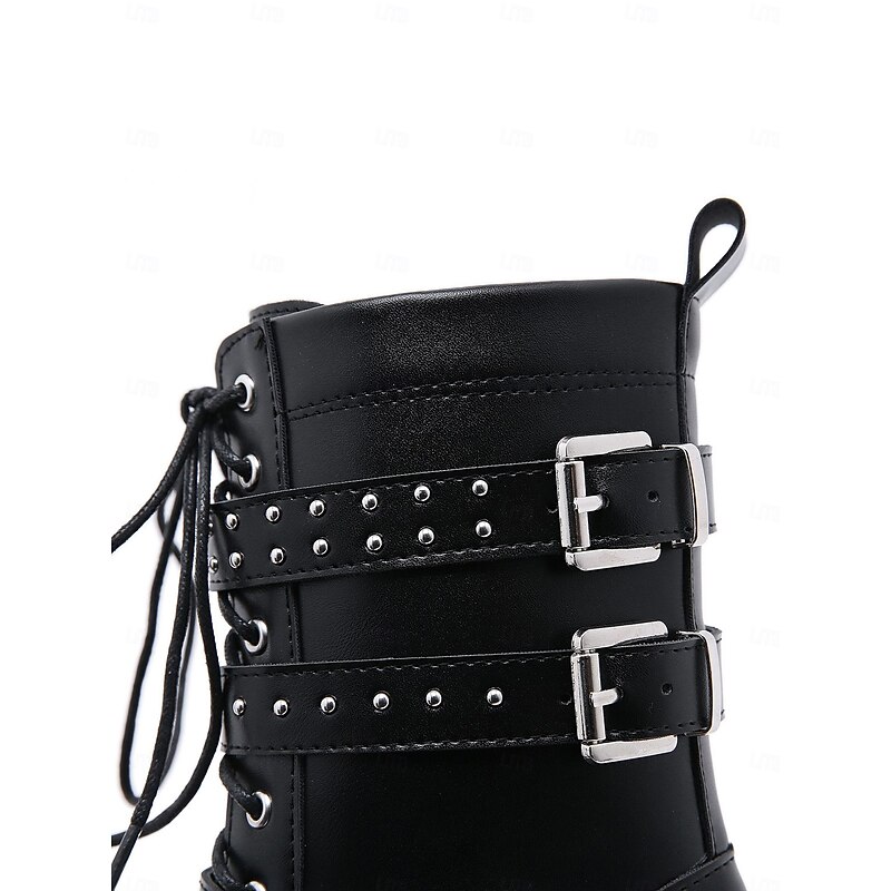 Women's Black Platform Combat Boots with Studded Buckle Straps, Punk Gothic Motorcycle Boots for Cosplay and Streetwear 5