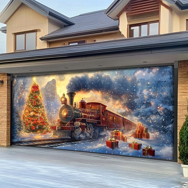 Christmas Outdoor Garage Door Cover Xmas Banner Train Tree Large Christmas Backdrop Decoration for Holiday Outdoor Garage Door Home Wall Decorations2