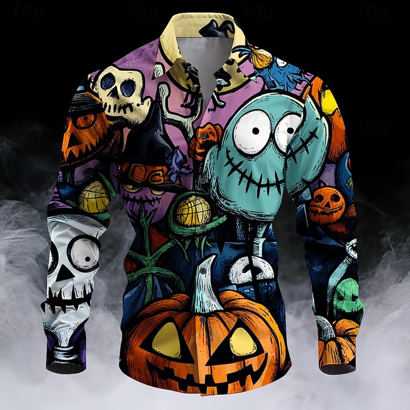 Halloween Men's Pumpkin Grimace Halloween Costumes Button Up Shirt Long Sleeve Casual Dark Party Evening Wear Fall Winter Spring & Summer Shirt Collar Button Up 3D Print Multi Color