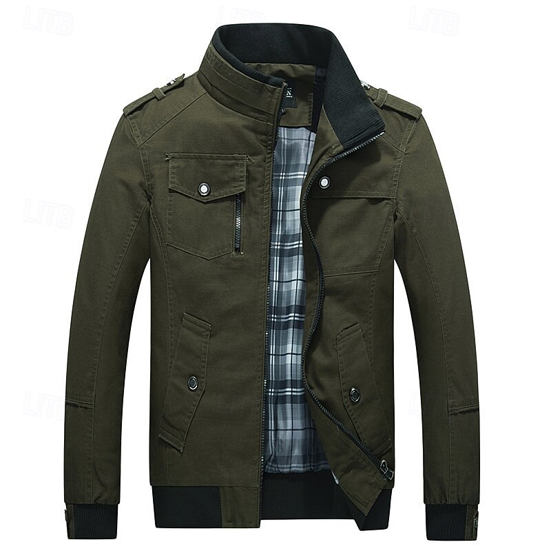 Men's Bomber Jacket Cargo Jacket Military Jacket Daily Vacation Wearproof Pocket Fall & Winter Plain Fashion Classic Stand Collar Regular Black Red Green Khaki Dark Blue Jacket3