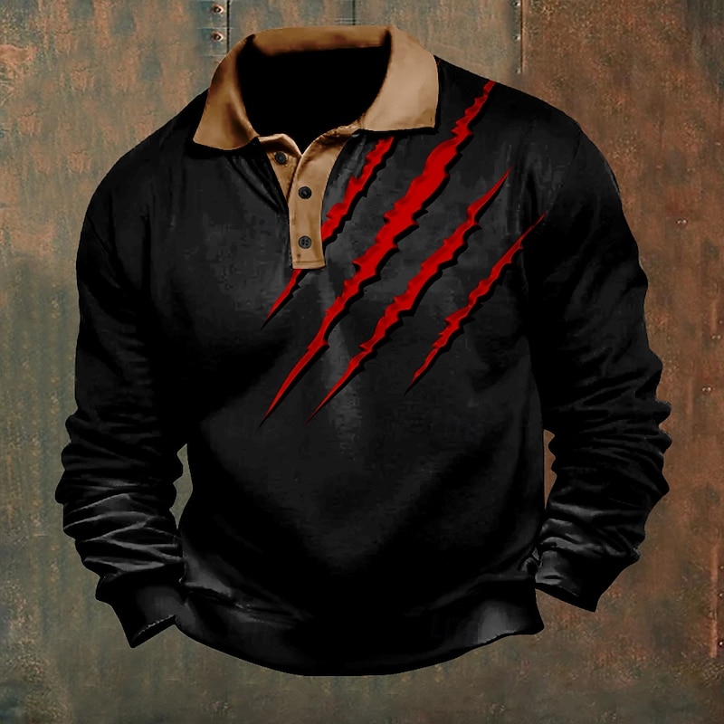 Men's Claw Marks Polo Shirts Pullover Long Sleeve Polo Shirts Collar Vintage Casual Outdoor Vacation Streetwear 3D Print Buttons Fall & Winter Dark Brown Black Dark Green