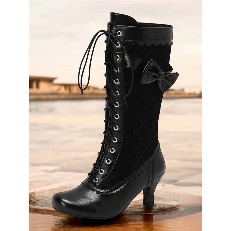 Women's Red Lace-Up Victorian Boots with Bow and Floral Embroidery, Vintage Style Heels for Cosplay and Special Occasions2