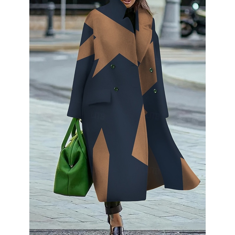 Women's Winter Coat Coat Cloak / Capes Windproof Warm Pocket Casual Street Style Color Block Vacation Work Street Daily Wear Single Breasted Turndown Loose Fit Long Sleeve Outerwear Blue Khaki Fall