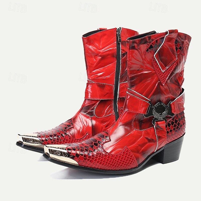 Men's Red Premium Cowhide Motorcycle Boots with Snake Pattern, Metal Toe Cap, and Western Style – Perfect for Riding and Outdoor Adventures4