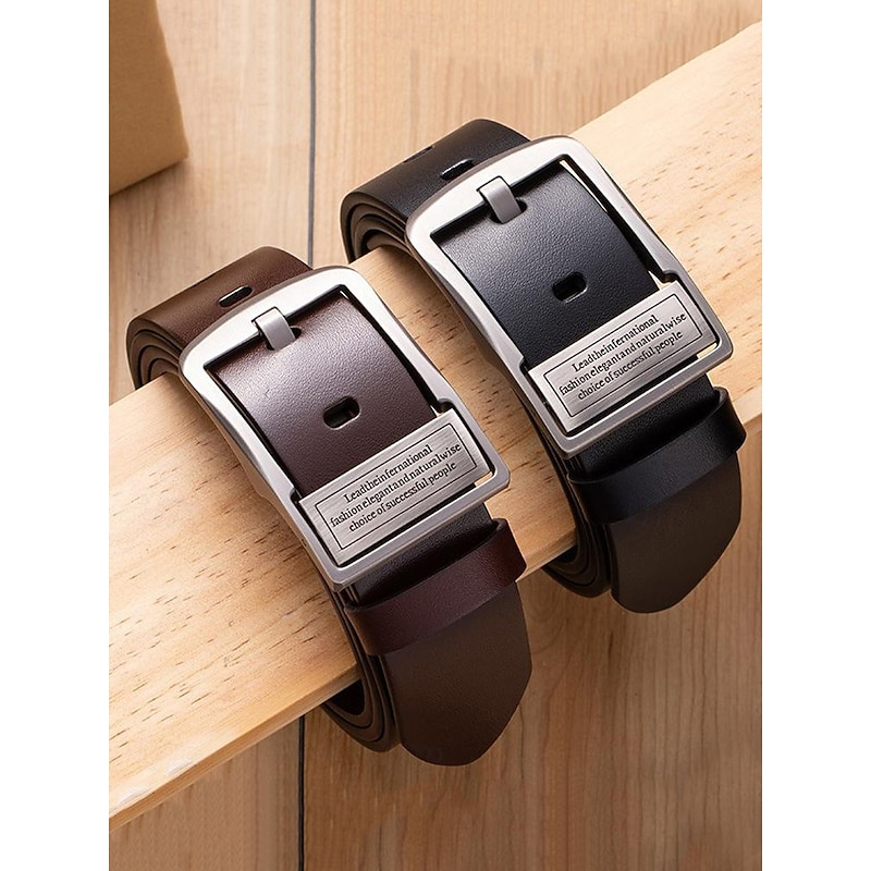 Men's Brown Leather Belt with Large Square Buckle - Durable Fashion Accessory for Casual and Formal Outfits2