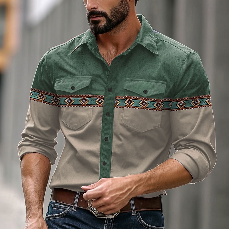 Men's Cowboy Western Shirt Button Up Shirt Cowboy Shirt Long Sleeve Casual Western Style Formal Daily Holiday Fall Winter Spring & Summer Turndown Collared Shirts Button Up Pocket 3D Print Dark Green