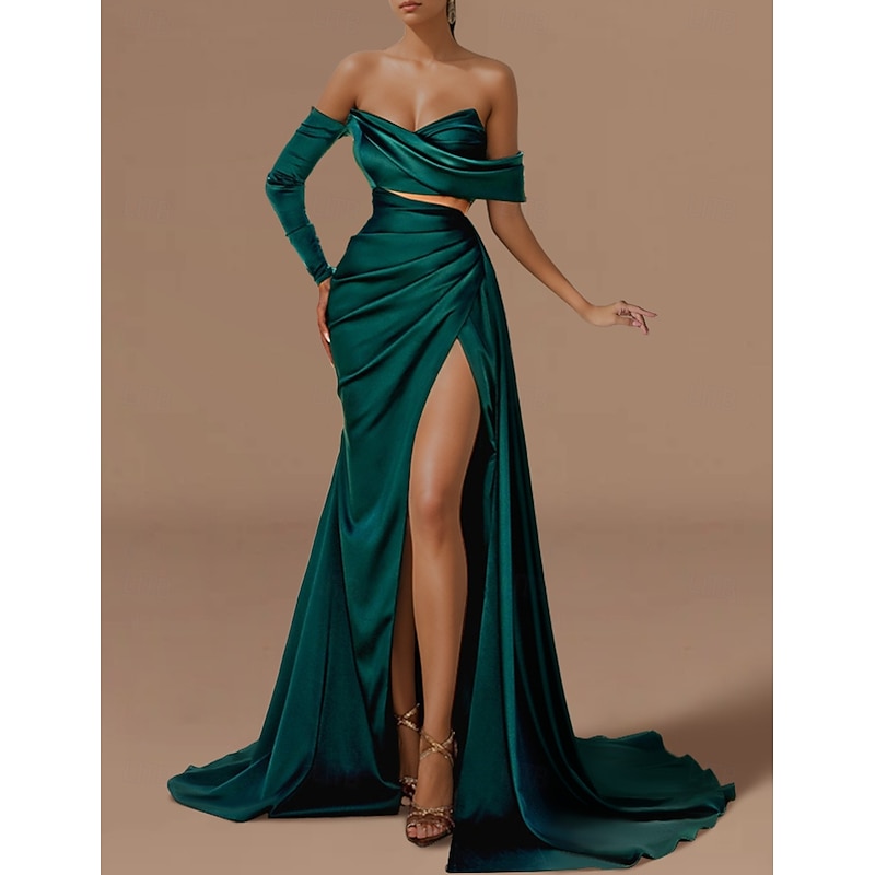 Beach Wedding Mermaid Evening Gown Sexy Dress Formal Wedding Guest Floor Length Long Sleeve Off Shoulder Satin with Ruched Slit Masquerade Dress