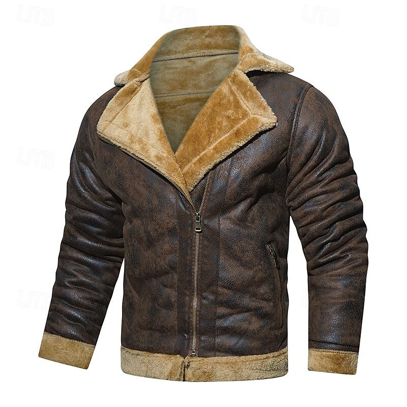 Men's Faux Leather Jacket Fleece Jacket Biker Jacket Vintage Leather Jacket Daily Vacation Windproof Warm Pocket Fall & Winter Plain Fashion Classic Lapel Regular Faux Leather Black Brown Jacket