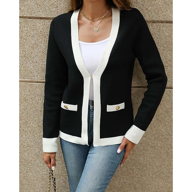 Women's Cardigan Fashion Daily Color Block V Neck Knitted Long Sleeve Regular Tops Knit Work White / Black Hot Pink Fall Winter