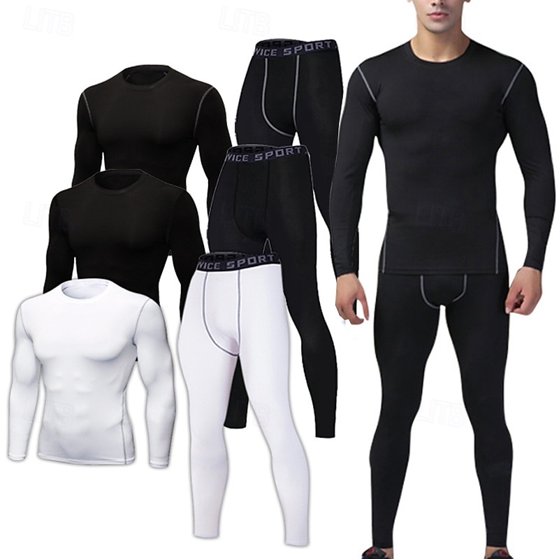 Men's Tracksuit Jogging Suit 2 Piece Solid Colored Base Layer Compression Shirt and Pants Athletic Clothing Set Spring Gray Black Black Gym Workout Jogging Running Soft Breathable Long Sleeve Sport