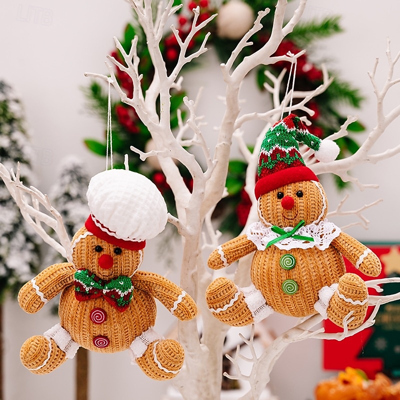 Christmas Gingerbread Man Figurines - Xmas Atmosphere Decor, Yellow Sitting Gingerbread Doll, Ball-Shaped Holiday Hanging Ornaments2