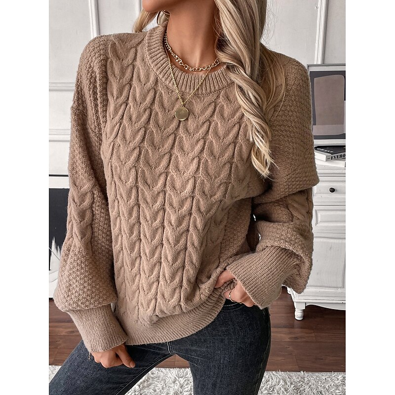 Women's Sweater Fashion Daily Casual Solid Color Cable Crew Neck Knitted Lantern Sleeve Long Sleeve Long Tops Knit Work White Light Brown Fall Winter