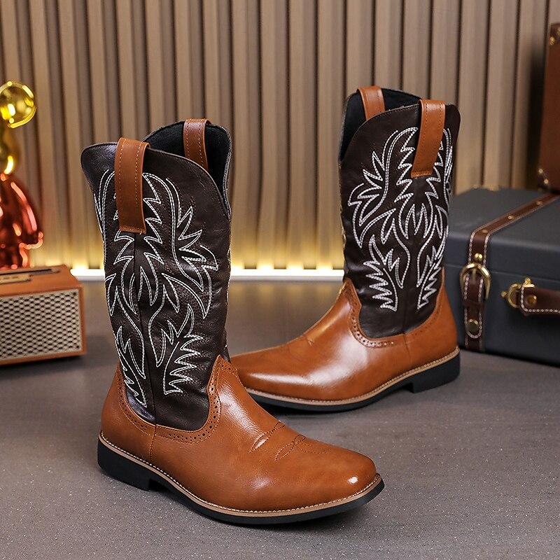 Men's Two-Tone Western Cowboy Boots – Vintage Style with Embroidered Shaft, Brown and Black  Faux Leather, Perfect for Rodeo or Casual Wear4