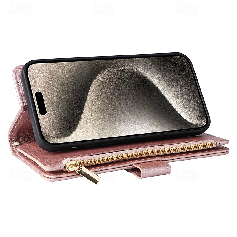 Phone Case For iPhone 16 15 14 Pro Max Plus 13 12 11 Pro Max Back Cover with Stand Holder Zipper with Lanyard Retro TPU PU Leather3