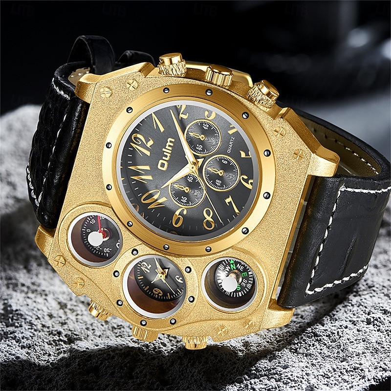 Oulm Large Dial Men Watches Luxury Brand Male Quartz Watch Big Size Men's Two Time Zone Leather Sport Wristwatches2