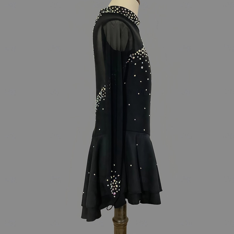 Figure Skating Dress Women's Girls' Ice Skating Dress Black Dark Navy Thumbhole Dyeing Mesh Spandex Stretchy Training Practice Professional Skating Wear Thermal Warm Classic Crystal / Rhinestone2
