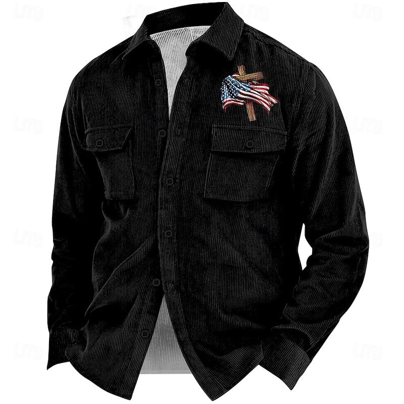 American Independence Day Men's American Flag Cowboy Corduroy Shirt Shirt Jacket Overshirt Long Sleeve Vintage Tribal Outdoor Dailywear Fall & Winter Turndown Collared Shirts Buttons 3D Print 24