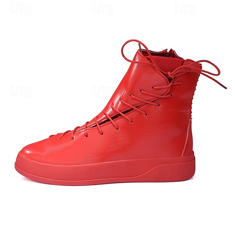 Men's Red Faux Leather High-Top Boots with Side Zipper and Lace-Up Design – Stylish Casual Footwear for Fall and Winter 11