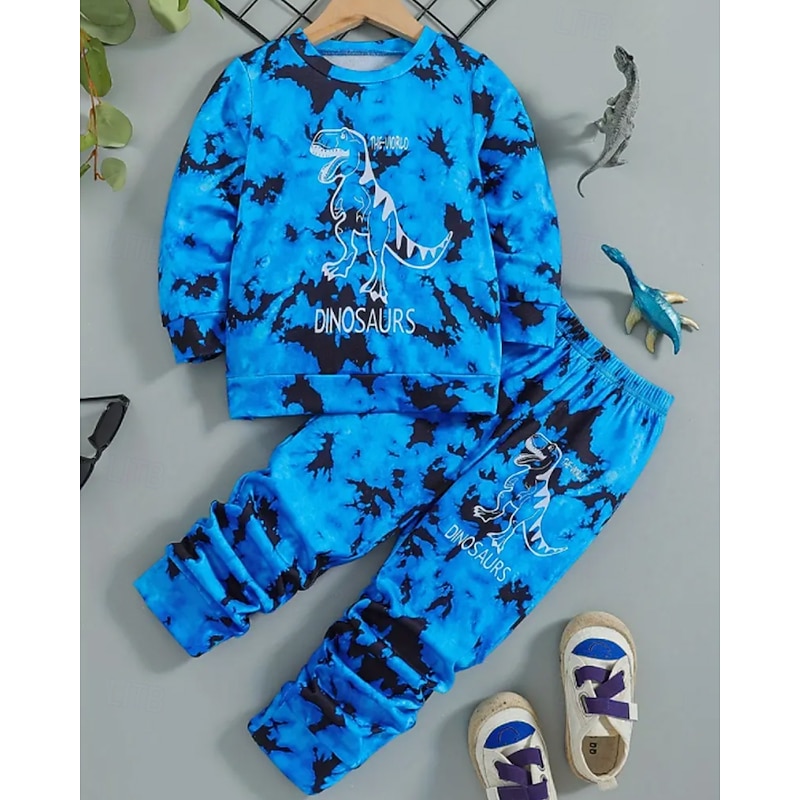 Boys 3D Graphic Tie Dye Dinosaur Sports Suit Sweatshirt & Sweatpants Set Tracksuits Long Sleeve Spring Fall Daily Basic Casual Kids 4-12 Years Crew Neck Outdoor Vacation Sports Tailored Fit