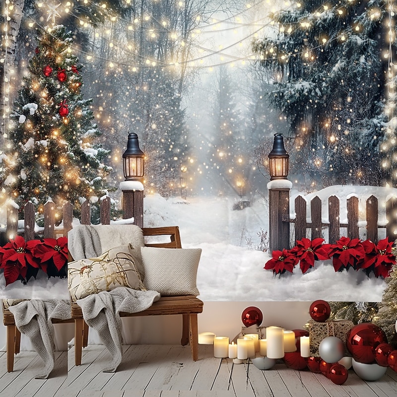 Christmas Decorations Snow Gate Fence Hanging Tapestry Wall Art Large Tapestry Mural Decor Photograph Backdrop Blanket Curtain Home Bedroom Living Room Decoration4