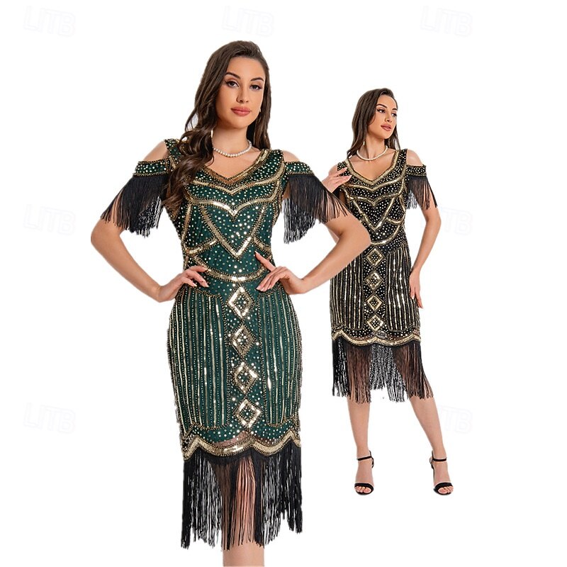 1920s Vintage Inspired Short Length Flapper Dress Party Costume The Great Gatsby Wedding Guest Sequins Sequin Tassel V Neck Fancy Dress Women's Christmas Halloween New Year Casual Daily Party2