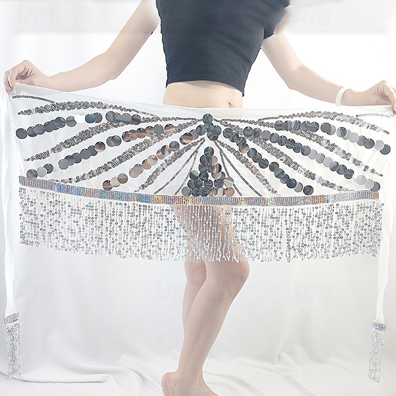 Belly Dance Hip Scarf Tassel Pure Color Splicing Women's Performance Training High Polyester3