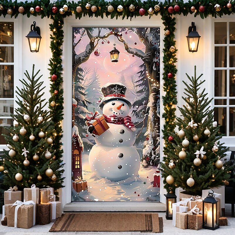 Christmas Door Decorations Door Covers Xmas Snowman Pink Door Tapestry Door Curtain Decoration Backdrop Door Banner for Front Door Farmhouse Holiday Party Decor Supplies Indoor/Outdoor3