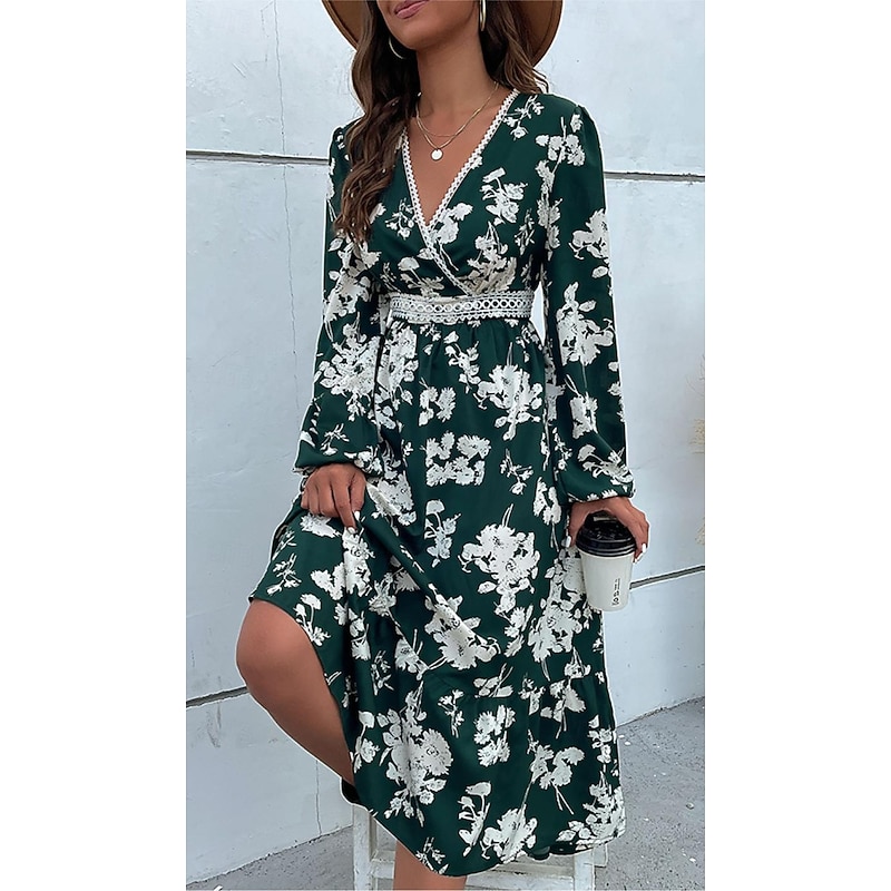 Women's Floral Lace Print V Neck Long Dress Maxi Dress Long Sleeve Spring Fall
